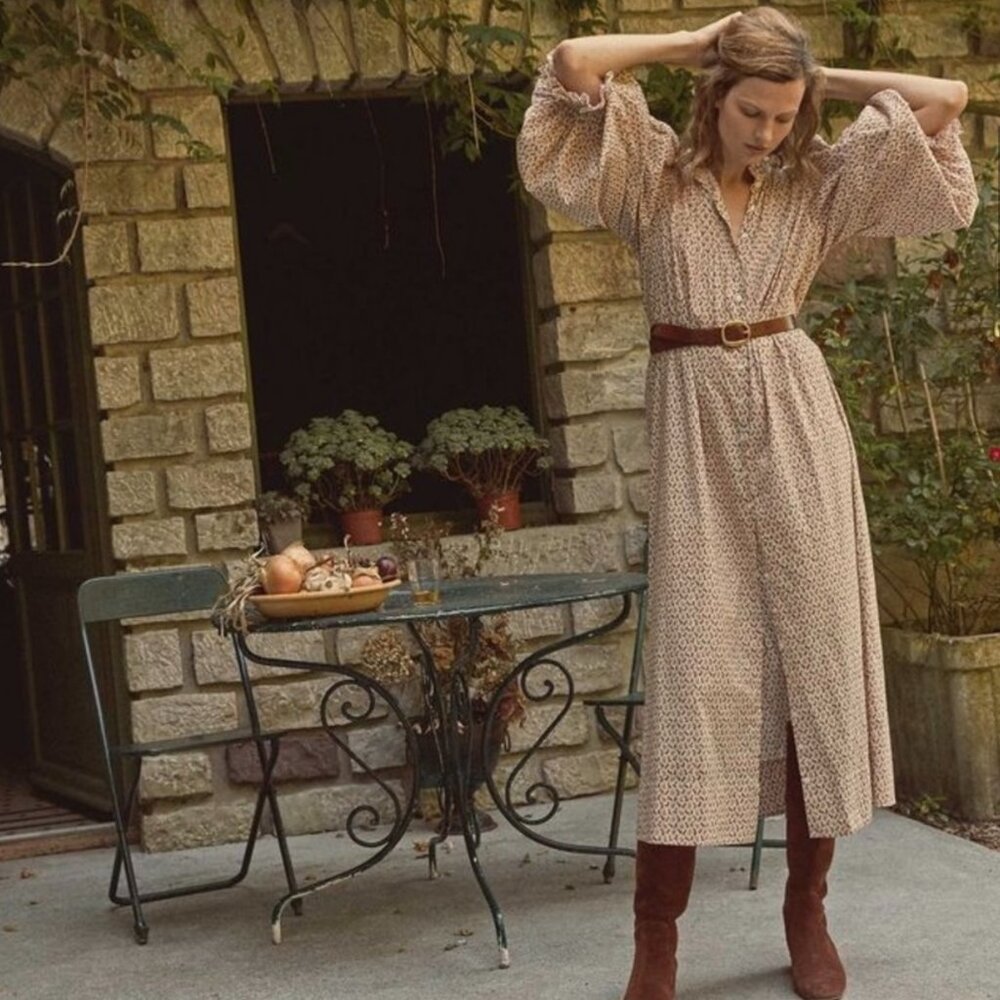 DOEN | Hadley Dress Cream Winter Ditsy | Long Puff Sleeve Button Cotton Midi